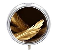 Pilulier rond à 3 compartiments avec miroir - Plumes dorées - Petit pilulier de voyage - Joli organisateur de vitamines - Portable - Pour le quotidien - Pour poche et sac à main