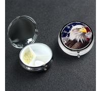Pilulier rond à 3 compartiments avec motif aigle à tête blanche avec drapeau américain - Joli pilulier de voyage portable pour médicaments et vitamines - Cadeau unique pour homme et femme