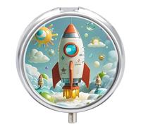 Pilulier rond à 3 compartiments avec motif fusées de dessin animé - Portable - Mini boîte à médicaments compacte pour le quotidien - Distributeur de supplément de vitamines