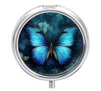 Pilulier rond à 3 compartiments avec motif papillon bleu - Boîte de voyage portable et conteneurs de vitamines pour supplément d'huile de poisson