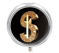 Pilulier rond à 3 compartiments avec panneau dollar doré - Organiseur quotidien rond pour poche, sac à main, médicaments, vitamines, huile de poisson - Cadeau de voyage