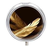Pilulier rond à 3 compartiments avec plumes dorées - Mini pilulier portable de voyage pour poche, sac à main, pilulier en métal pour vitamines, huiles de poisson