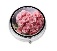Pilulier rond à 3 compartiments avec roses roses et cœur pour sac à main, boîte à pilules de voyage portable en métal pour médicaments quotidiens, supplément de vitamines