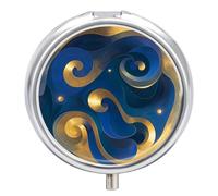 Pilulier rond à 3 compartiments - Bleu marine - Doré - Mini pilulier portable de voyage pour poche, sac à main - Pilulier en métal pour vitamines, huiles de poisson