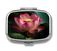 Pilulier rond à 3 compartiments - Boîte de rangement en métal étanche - Motif lotus - Feuilles vertes