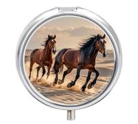 Pilulier rond à 3 compartiments - Chevaux qui courent dans le sable - Organisateur de médicaments décoratif portable pour poche ou sac à main - Organisation des vitamines