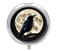 Pilulier rond à 3 compartiments, corbeau noir en pleine lune, organiseur de médicaments décoratif portable pour poche ou sac à main, organisateur de vitamines