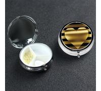 Pilulier rond à 3 compartiments en forme de cœur doré à rayures - Joli pilulier de voyage portable en métal pour médicaments et vitamines - Cadeau unique pour homme et femme