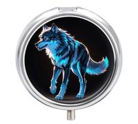 Pilulier rond à 3 compartiments en forme de loup bleu - Mini pilulier portable de voyage pour poche, sac à main, pilulier en métal pour vitamines, huiles de poisson