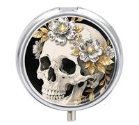 Pilulier rond à 3 compartiments en métal avec miroir et motif tête de mort et fleur