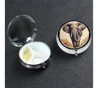 Pilulier rond à 3 compartiments en métal avec peinture d'éléphant, joli étui de voyage portable pour médicaments et vitamines - Cadeau unique pour homme et femme