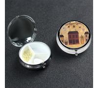 Pilulier rond à 3 compartiments en métal beige marron maison et fruits - Joli pilulier de voyage portable pour médicaments et vitamines - Cadeau unique pour homme et femme