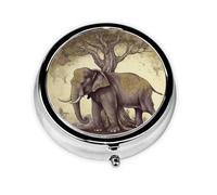 Pilulier rond à 3 compartiments en métal étanche pour poche ou sac à main Vitamine/huile de poisson/pilules/compléments alimentaires Motif éléphant asiatique