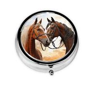 Pilulier rond à 3 compartiments en métal étanche pour poche ou sac à main Vitamine/huile de poisson/pilules/compléments alimentaires Motif cheval