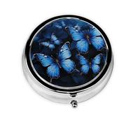 Pilulier rond à 3 compartiments en métal étanche pour poche ou sac à main vitamine/huile de poisson/pilules/compléments Bleu foncé