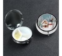 Pilulier rond à 3 compartiments en métal pour homme et femme Motif bonhomme de neige et village