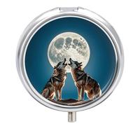Pilulier rond à 3 compartiments - Le loup et la lune - Mini pilulier portable de voyage pour poche, sac à main - Pilulier en métal pour vitamines, huiles de poisson et compléments alimentaires