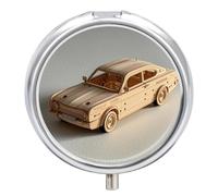 Pilulier rond à 3 compartiments - Modèle de voiture en bois - Puzzle 3D - Mini pilulier portable - Pilulier de voyage pour poche, sac à main - Pilulier en métal pour vitamines, huiles de poisson