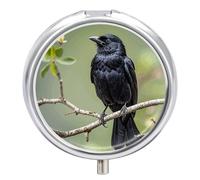 Pilulier rond à 3 compartiments Motif corbeau noir sur une branche