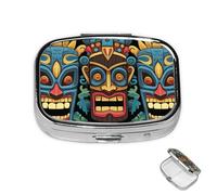 Pilulier rond à 3 compartiments - Motif masque Tiki coloré - Boîte de rangement en métal étanche pour médicaments de voyage