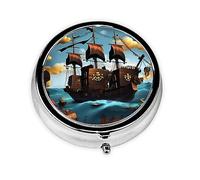 Pilulier rond à 3 compartiments - Organisateur de médicaments portable, pilulier imprimé bateau pirate dessin animé