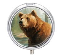 Pilulier rond à 3 compartiments - Ours marron - Pour eau et arbres - Mini pilulier portable de voyage pour poche, sac à main - Pilulier en métal pour vitamines, huiles de poisson