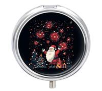 Pilulier rond à 3 compartiments Père Noël et feux d'artifice - Mini pilulier portable de voyage pour poche, sac à main - Pilulier en métal pour vitamines, huiles de poisson