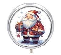 Pilulier rond à 3 compartiments Père Noël tenant des cadeaux - Mini pilulier portable de voyage pour poche, sac à main, pilulier en métal pour vitamines, huiles de poisson et compléments alimentaires