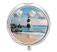 Pilulier rond à 3 compartiments - Phare de mer - Portable - Mini boîte à médicaments compacte pour le quotidien - Distributeur de supplément de vitamines