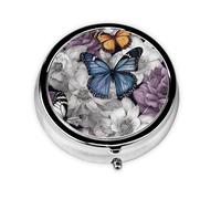 Pilulier rond à 3 compartiments pour poche et sac à main - Boîte de rangement pour huile de foie de morue - 3 fois par jour - Violet - Papillons et fleurs
