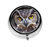 Pilulier rond à 3 compartiments pour sac à main en métal mignon hibou aux yeux jaunes Mini petit pilulier de voyage pour contenir des vitamines, des suppléments d'huile de poisson