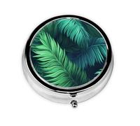 Pilulier rond à 3 compartiments pour sac à main en métal - Motif feuilles de palmier tropicales - Mini petit pilulier de voyage pour contenir des compléments