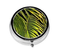 Pilulier rond à 3 compartiments pour sac à main en métal - Motif feuilles de palmier tropicales - Mini petit pilulier de voyage pour contenir des compléments