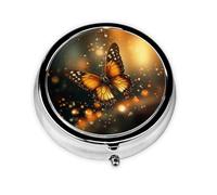 Pilulier rond à 3 compartiments pour sac à main en métal - Motif papillon orange - Mini petit pilulier de voyage - Pour contenir des vitamines, des suppléments d'huile de poisson