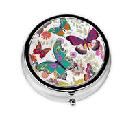 Pilulier rond à 3 compartiments pour sac à main - Motif floral blanc - Papillons colorés - Joli pilulier de voyage - Mini petit pilulier de voyage pour contenir des compléments alimentaires