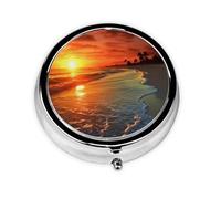 Pilulier rond à 3 compartiments pour sac à main - Motif plage avec coucher de soleil - Joli pilulier en métal - Mini petit pilulier de voyage pour contenir des vitamines, des suppléments d'huile de