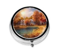 Pilulier rond à 3 compartiments pour sac à main - Motif scène d'automne - Joli pilulier en métal - Mini petit pilulier de voyage pour contenir des vitamines, des suppléments d'huile de poisson