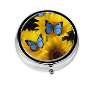 Pilulier rond à 3 compartiments pour sac à main, motif tournesols jaunes avec papillons bleus, joli pilulier de voyage portable pour transporter des compléments