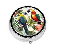 Pilulier rond à 3 compartiments pour sac à main, toucans, perroquet, feuilles de palmier, mini pilulier de voyage portable pour contenir des compléments