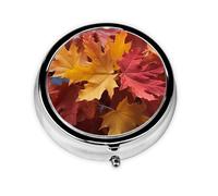 Pilulier rond à 3 compartiments - Rouge et jaune - Feuilles d'érable d'automne - Pour sac à main - Portable - Petit pilulier de voyage en métal pour médicaments quotidiens - Complément alimentaire et