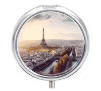 Pilulier rond à 3 compartiments - Vue aérienne de Paris - Mini pilulier portable de voyage pour poche, sac à main - Pilulier en métal pour vitamines, huiles de poisson