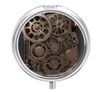 Pilulier rond à engrenages mécaniques Steampunk à 3 compartiments avec miroir de voyage - Petit pilulier de voyage mignon - Organisateur de vitamines portable pour le quotidien - Pour poche et sac à
