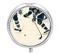 Pilulier rond à motif hockey sur glace - Joli petit étui portable à 3 compartiments avec miroir pour vitamines et suppléments médicamenteux