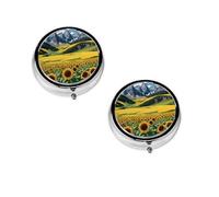 Pilulier rond à motif tournesols sur les montagnes et les champs, petit étui à 3 compartiments pour sac à main et poche, idéal pour les voyages.
