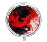 Pilulier rond abstrait rouge, noir, blanc, 3 compartiments avec miroir, petit pilulier de voyage mignon organisateur de vitamines portable pour sac à main
