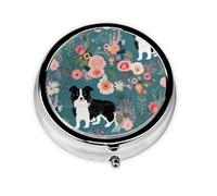 Pilulier rond avec 3 compartiments, étui de voyage portable pour poche ou sac à main, Border Collie Florals