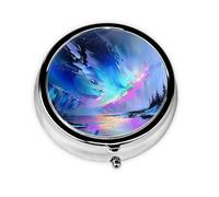 Pilulier rond avec 3 compartiments - Motif peinture aurores boréales - Portable - Pour médicaments, vitamines, huile de poisson et compléments