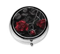 Pilulier rond avec 3 compartiments - Motif roses noires gothiques - Pour médicaments, vitamines, huile de poisson et compléments alimentaires