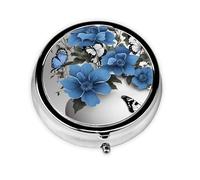 Pilulier rond avec 3 compartiments - Petit pilulier portable - Gris sarcelle - Motif papillon - Pour voyage