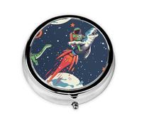 Pilulier rond avec 3 compartiments - Pilulier de voyage portable pour poche ou sac à main, astronaute amusant - Motif dinosaure et fusée